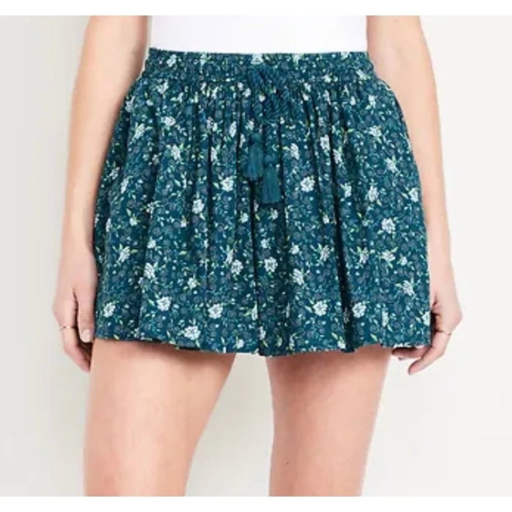 Old Navy Womens Floral Pleated Skort Teal Blue Tassel Drawstring Pockets Playful